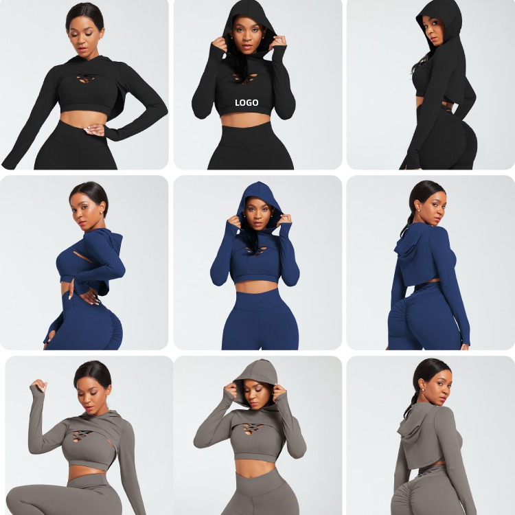 3 Pieces Yoga Fitness Set Gym Workout Cropped Hoodie Active Wear Sport Tracksuit